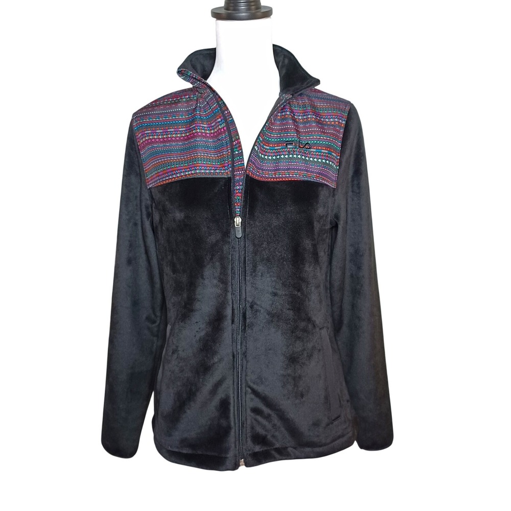FILA Sport Womens S Black Multicolor Full Zip Fleece Jacket Pockets Geometric